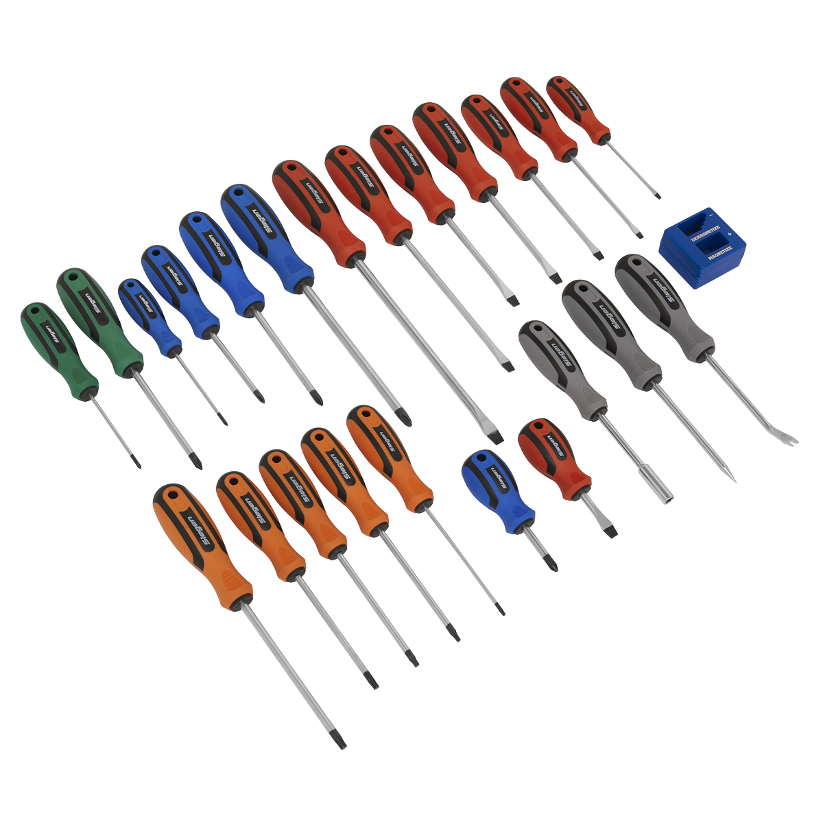 A 24-piece screwdriver set from Sealey, the Soft Grip Screwdriver Set S0617, featuring variously sized quality tools with multicolored handles and Chrome Vanadium steel shafts, neatly organized in rows on a white background alongside a small blue pouch.