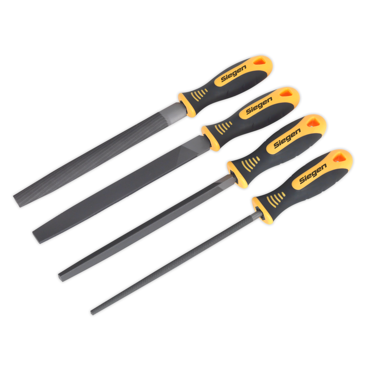 A set of four second-cut files from Sealey, with black soft grip handles featuring orange and yellow accents, laid out side by side against a white background. This is the File Set 4pc 200mm - S0629 model.