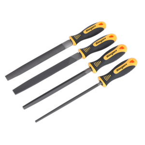 A set of four second-cut files from Sealey, with black soft grip handles featuring orange and yellow accents, laid out side by side against a white background. This is the File Set 4pc 200mm - S0629 model.