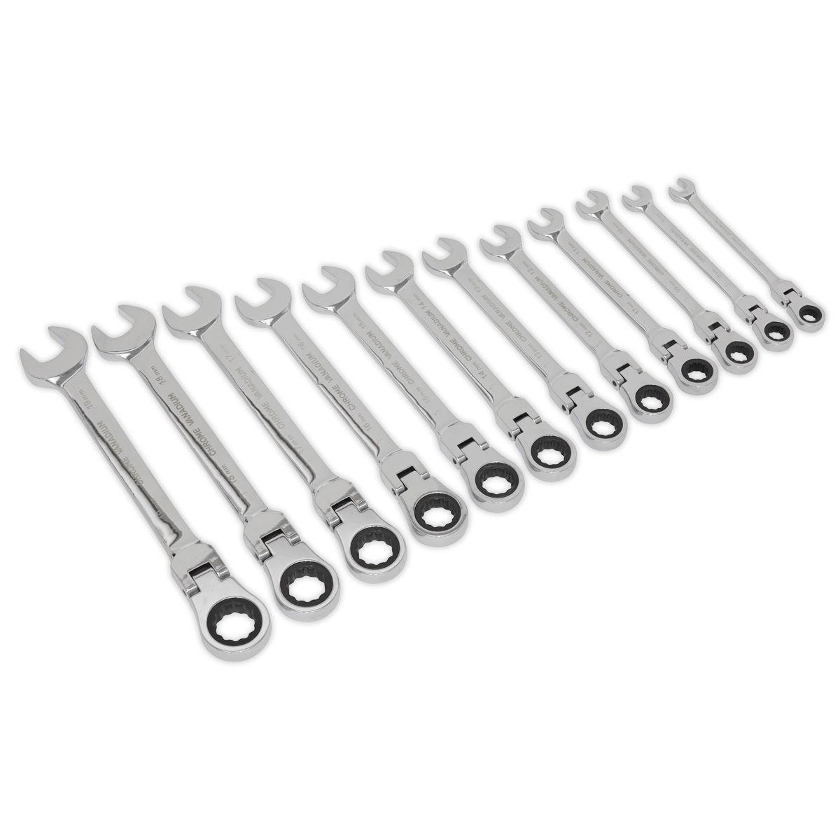 The Sealey Flexible Head Ratchet Combination Spanner Set 12pc Metric - S0635 features a collection of 12 spanners, crafted from durable Chrome Vanadium steel, arranged in sizes that range from small to large.