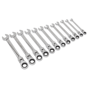 The Sealey Flexible Head Ratchet Combination Spanner Set 12pc Metric - S0635 features a collection of 12 spanners, crafted from durable Chrome Vanadium steel, arranged in sizes that range from small to large.