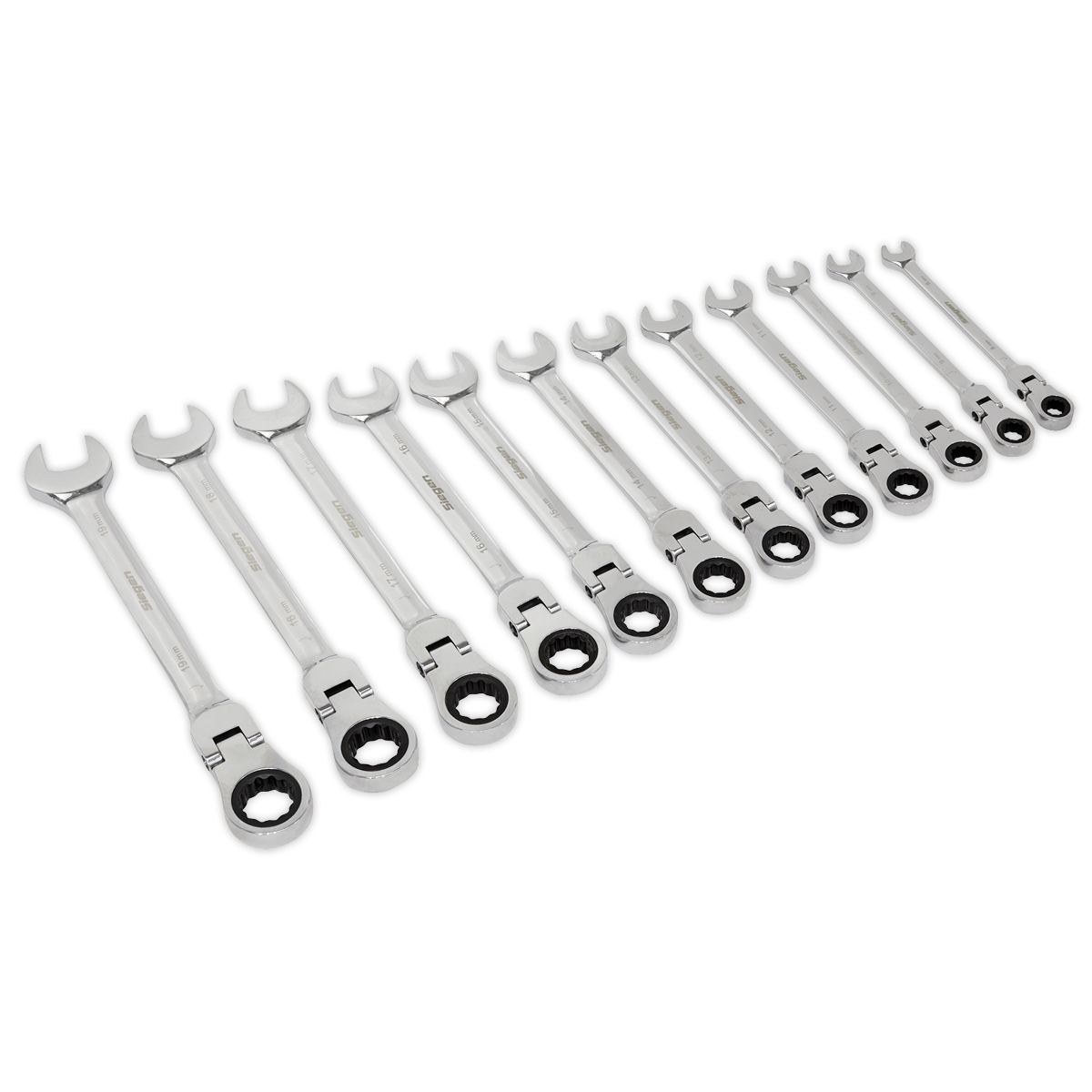 A set of twelve flexible-head ratchet combination spanners made from durable Chrome Vanadium steel, arranged in a row from smallest to largest, called the Flexible Head Ratchet Combination Spanner Set 12pc Metric - S0635 by Sealey.