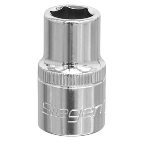 A shiny chrome WallDrive® socket wrench attachment, specifically the WallDrive® Socket 12mm 1/2"Sq Drive - S0650, crafted from Chrome Vanadium steel with the brand name "Sealey" elegantly engraved on it.