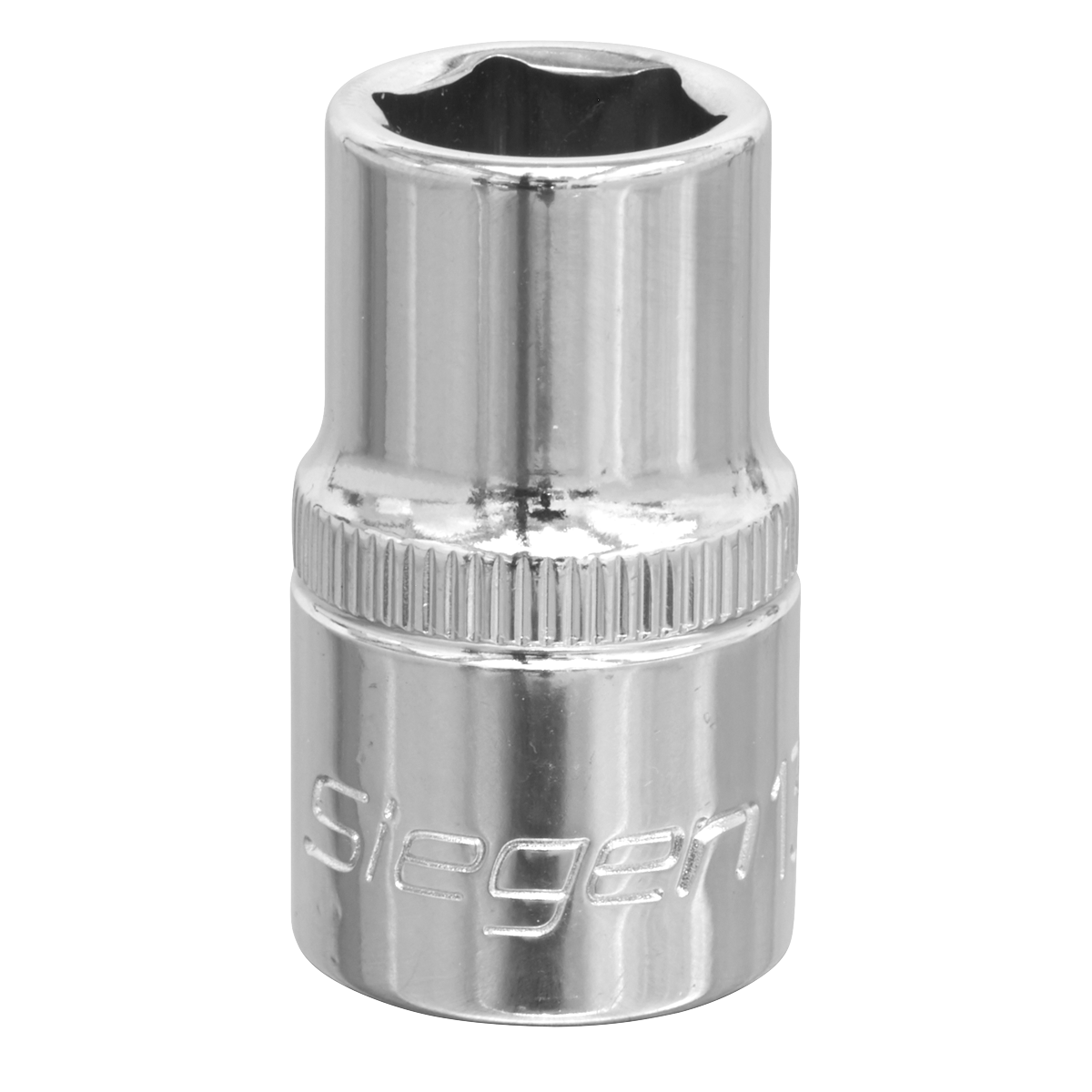 A shiny, metallic WallDrive® Socket 13mm 1/2"Sq Drive - S0651 for a socket wrench, crafted from durable Chrome Vanadium steel with the word "Siegen" engraved on its side, available under the Sealey brand.