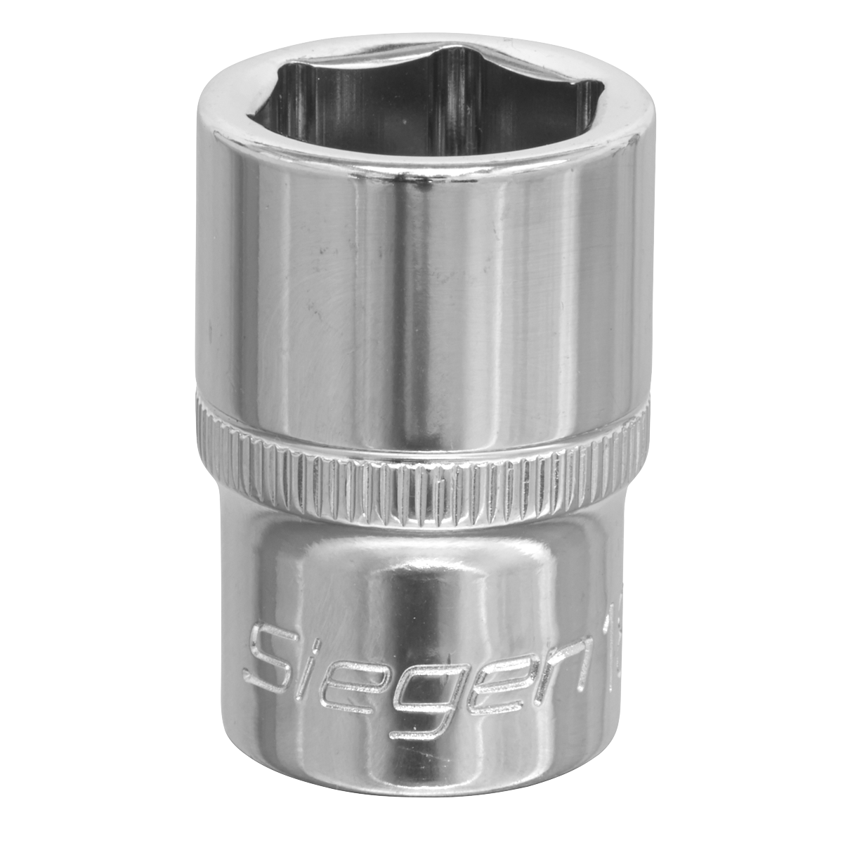 A shiny silver WallDrive® Socket 18mm 1/2"Sq Drive - S0656 with "Siegen by Sealey" engraved on its side.