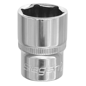 A shiny, metallic, cylindrical socket wrench head crafted from Chrome Vanadium steel with "Sealey" and "WallDrive® Socket 21mm 1/2"Sq Drive - S0658" engraved near the base. Quality tools like this WallDrive socket ensure durability and precision.
