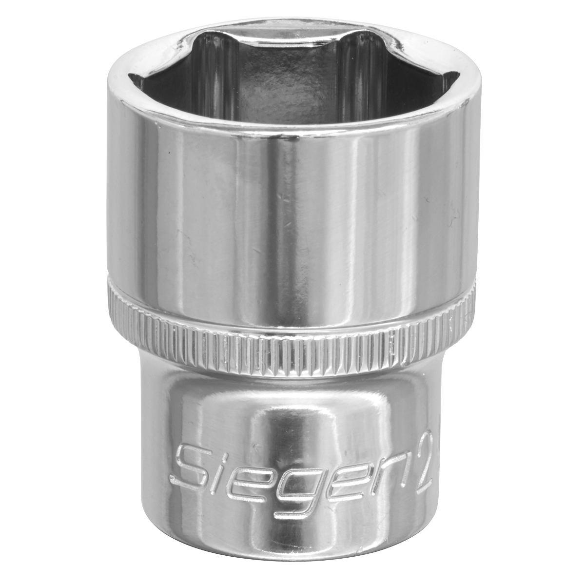 A shiny, metallic WallDrive® Socket 23mm 1/2"Sq Drive - S0660 made from Chrome Vanadium steel with the brand name "Sealey" engraved on it.