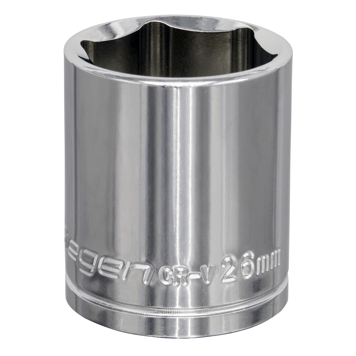 A Sealey WallDrive® Socket 26mm 1/2"Sq Drive (S0662) made from chrome vanadium with the marking "Egen CR-V 26mm" engraved near the base.