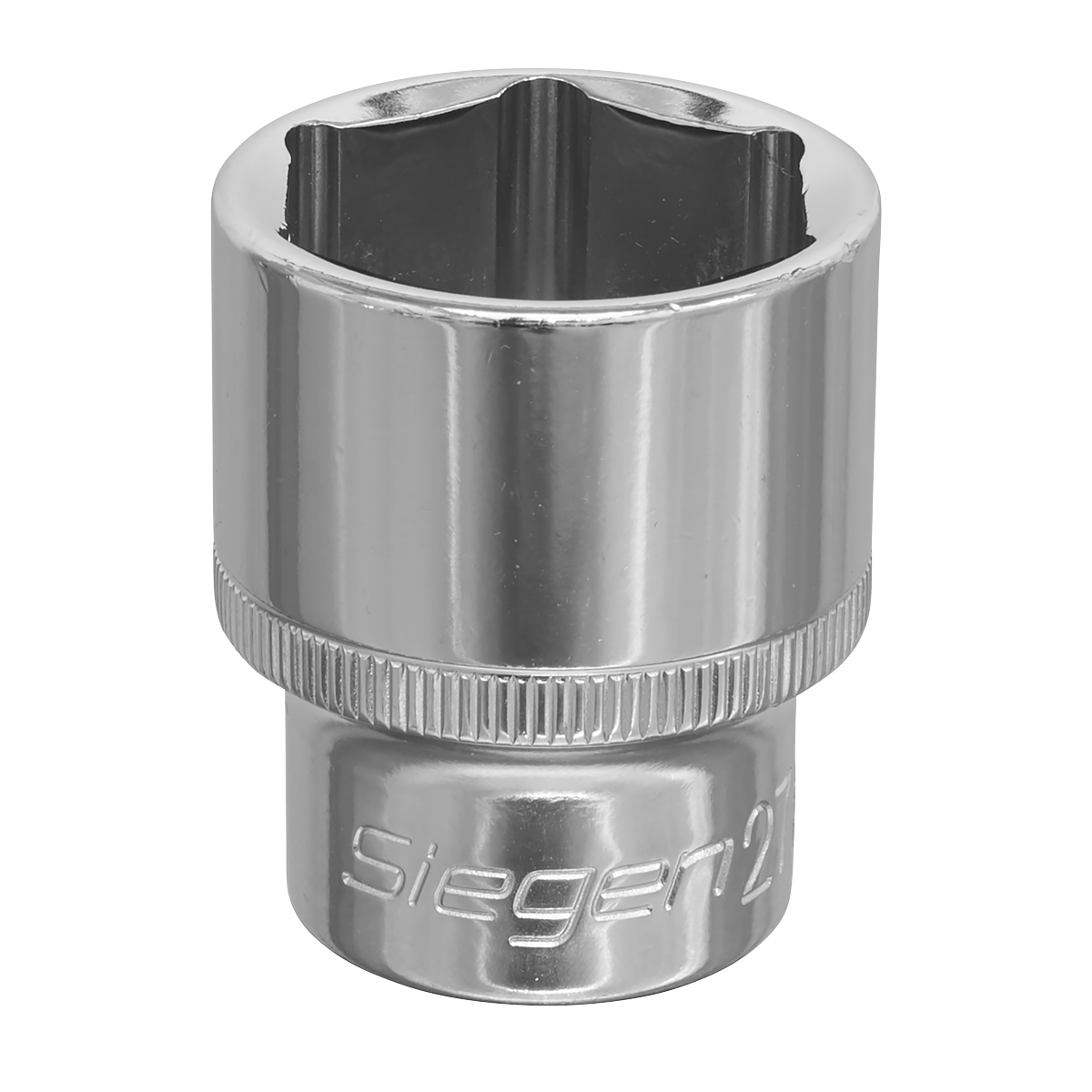 A close-up of the WallDrive® Socket 27mm 1/2"Sq Drive - S0663, a silver six-point socket wrench head marked "Sealey" near the base. Crafted from robust Chrome Vanadium steel, it features a gleaming polished finish and a knurled grip for enhanced handling.