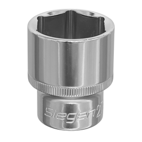 A close-up of the WallDrive® Socket 27mm 1/2"Sq Drive - S0663, a silver six-point socket wrench head marked "Sealey" near the base. Crafted from robust Chrome Vanadium steel, it features a gleaming polished finish and a knurled grip for enhanced handling.