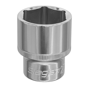 A close-up of the WallDrive® Socket 27mm 1/2"Sq Drive - S0663, a silver six-point socket wrench head marked "Sealey" near the base. Crafted from robust Chrome Vanadium steel, it features a gleaming polished finish and a knurled grip for enhanced handling.