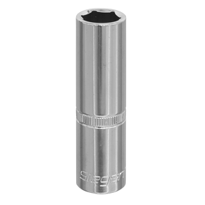 A close-up image of a chrome hex socket labeled "Siegen," made from Chrome Vanadium steel, featuring a knurled grip section for enhanced handling. This Sealey WallDrive® Socket 15mm Deep 1/2"Sq Drive - S0671 boasts a WallDrive configuration, reflecting the quality typical of Sealey tools.