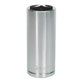 A shiny WallDrive® Socket 24mm Deep 1/2"Sq Drive - S0679, designed for fastening nuts and bolts, has "24mm" engraved on its side, indicating its size. Made from high-grade carbon steel, this durable tool is part of the Sealey range.