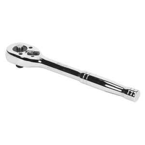 The Sealey Ratchet Wrench 3/8" Sq Drive Pear-Head Flip Reverse - S0705, featuring a chrome-plated cylindrical handle, quick-release mechanism, and a ratcheting head, ensures you have quality tools in hand.