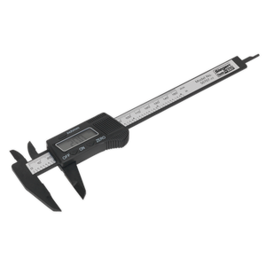 The Sealey Digital Electronic Vernier Caliper 0-150mm (0-6") - S0707 features an 8mm LCD display with buttons for "off," "on," and "zero." This black device includes a silver scale for precise measurements and is constructed from lightweight carbon fibre for ease of handling.