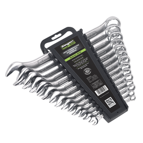 A set of 14 quality tools from Sealey, named the Combination Spanner Set 14pc Imperial - S0714, features Chrome Vanadium steel combination wrenches neatly arranged in a black plastic holder with product labels.