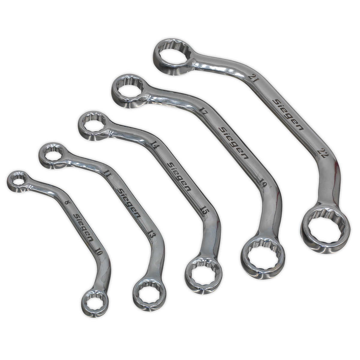 A set of five Sealey Obstruction Spanners (Product Code: S0716) in metric sizes, crafted from Chrome Vanadium Steel and arranged in descending order from largest to smallest, backed by a Lifetime Guarantee.