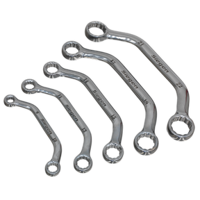 A set of five Sealey Obstruction Spanners (Product Code: S0716) in metric sizes, crafted from Chrome Vanadium Steel and arranged in descending order from largest to smallest, backed by a Lifetime Guarantee.