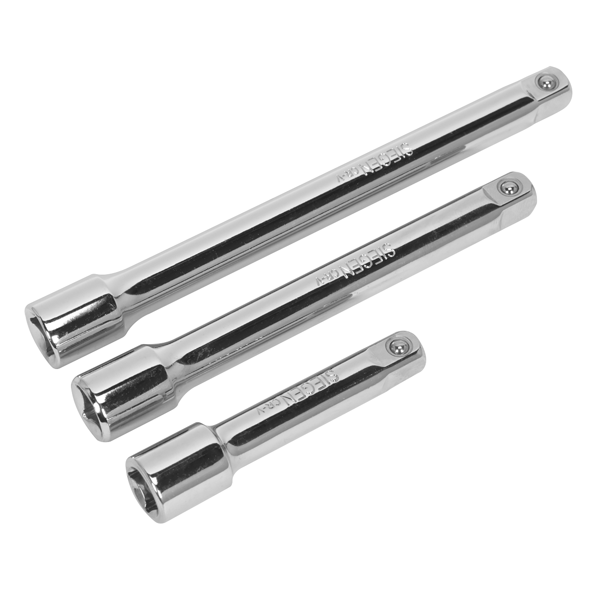 Three horizontally arranged extension bars of varying lengths, made from durable Chrome Vanadium steel, are part of the Sealey Extension Bar Set 3pc 3/8"Sq Drive - S0719.