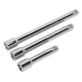 Three horizontally arranged extension bars of varying lengths, made from durable Chrome Vanadium steel, are part of the Sealey Extension Bar Set 3pc 3/8"Sq Drive - S0719.