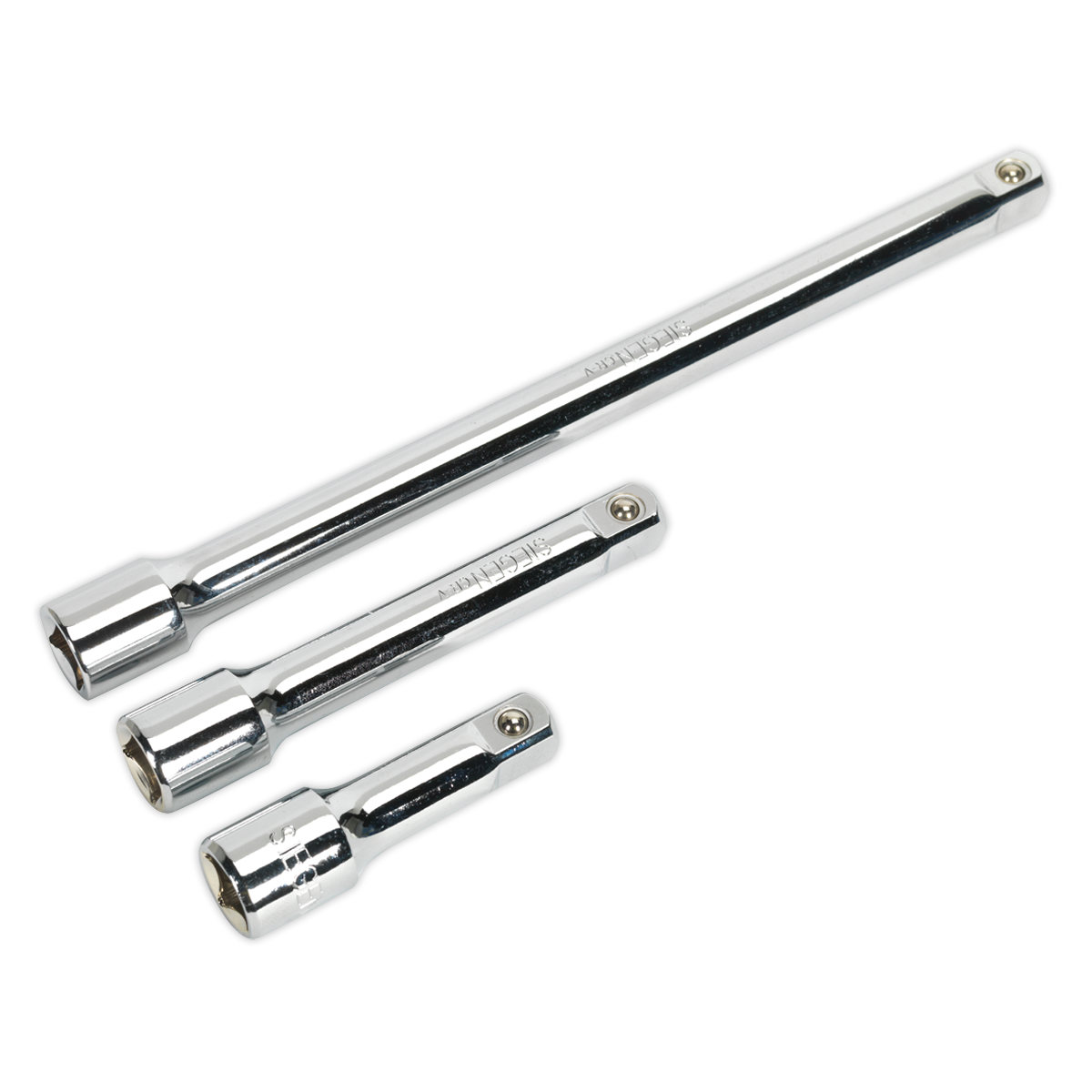 The Sealey Extension Bar Set 3pc 1/2"Sq Drive - S0720, made from Chrome Vanadium steel for superior durability, includes three extension bars of varying lengths designed for use with socket wrenches. These high-quality tools are showcased against a white background.