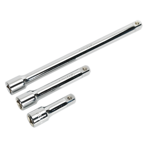 The Sealey Extension Bar Set 3pc 1/2"Sq Drive - S0720, made from Chrome Vanadium steel for superior durability, includes three extension bars of varying lengths designed for use with socket wrenches. These high-quality tools are showcased against a white background.