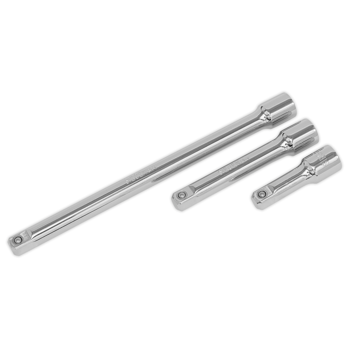 Three chrome Extension Bars from the Sealey Extension Bar Set 3pc 1/2" Sq Drive - S0720 are displayed in a row, from longest to shortest, showcasing the durability of Chrome Vanadium steel used in quality tools.