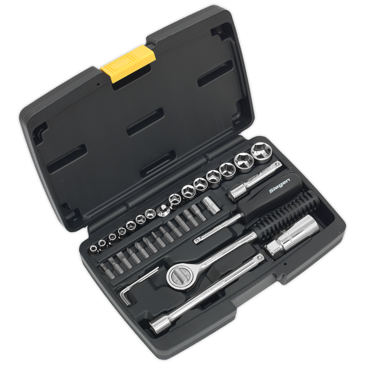 A Sealey Socket Set (Model S0725) features a durable black plastic tool case containing 37 high-grade carbon steel components, including a reversible ratchet wrench, various sockets, bits, and extensions. The neatly organized tools are secured with a yellow latch and clearly branded under the Siegen by Sealey name.