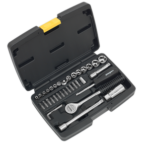A Sealey Socket Set (Model S0725) features a durable black plastic tool case containing 37 high-grade carbon steel components, including a reversible ratchet wrench, various sockets, bits, and extensions. The neatly organized tools are secured with a yellow latch and clearly branded under the Siegen by Sealey name.