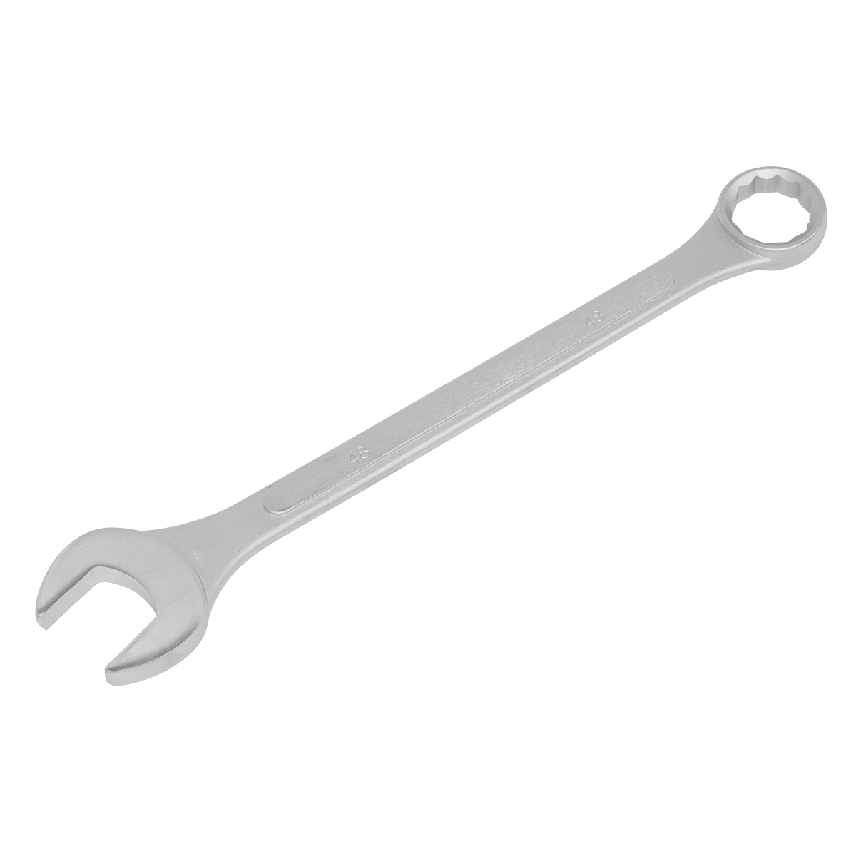 The Sealey Combination Spanner Super Jumbo 48mm - S0748, crafted from drop-forged steel, features an open-end jaw on one side and a box-end on the other side for tightening or loosening nuts and bolts. It comes with a lifetime guarantee for durability and reliability.