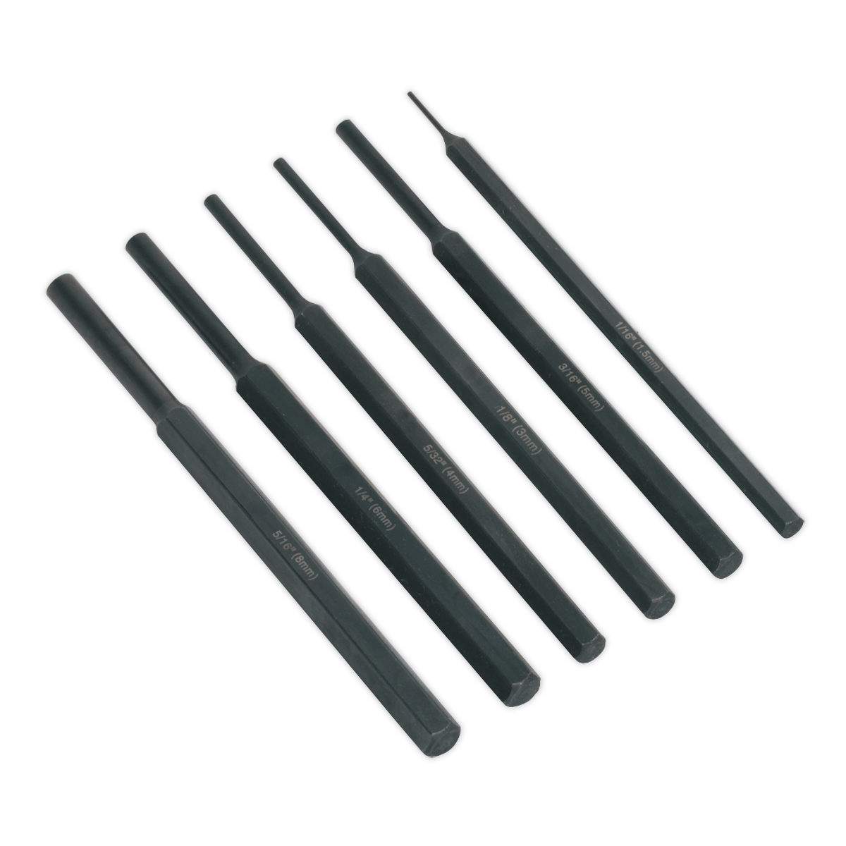 The Sealey Parallel Pin Punch Set 6pc - S0800 features six black metal pin punches, each made from Chrome Vanadium steel with corrosion resistance and varying-sized tips for diverse applications.