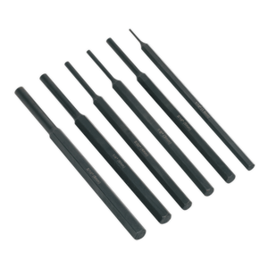 The Sealey Parallel Pin Punch Set 6pc - S0800 features six black metal pin punches, each made from Chrome Vanadium steel with corrosion resistance and varying-sized tips for diverse applications.