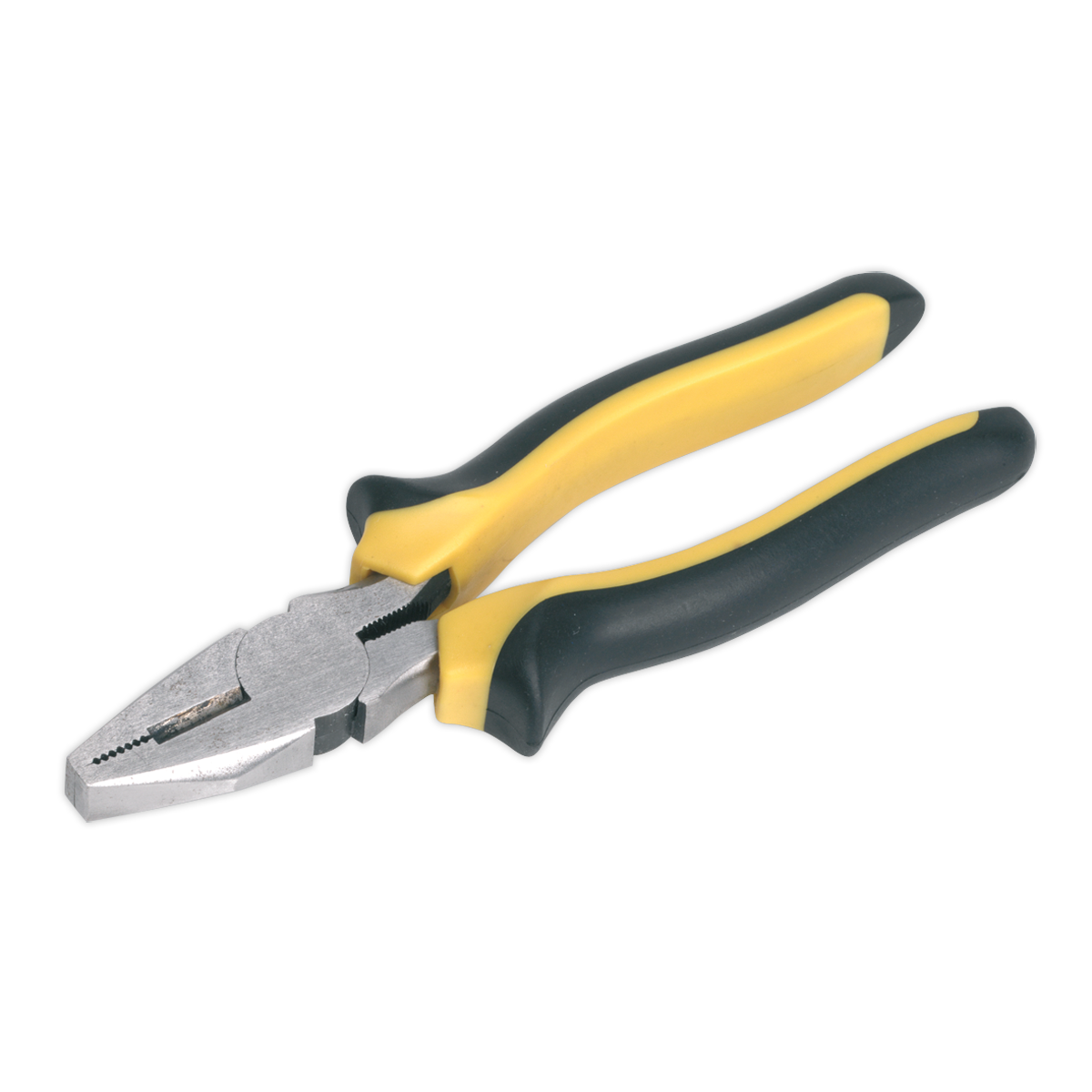 A pair of Sealey Combination Pliers Comfort Grip 180mm (S0814) with a yellow and black handle and a metal gripping head is shown against a plain background, highlighting the quality craftsmanship of Siegen by Sealey tools, which come with a lifetime guarantee.