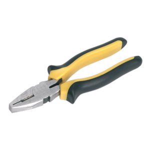 A pair of Sealey Combination Pliers Comfort Grip 180mm (S0814) with a yellow and black handle and a metal gripping head is shown against a plain background, highlighting the quality craftsmanship of Siegen by Sealey tools, which come with a lifetime guarantee.