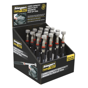 Display box containing 16 Sealey heavy-duty magnetic pick-up tools, model number S0823DB, with a 3.6 Kg capacity. Each tool features a black handle with a red and silver design.