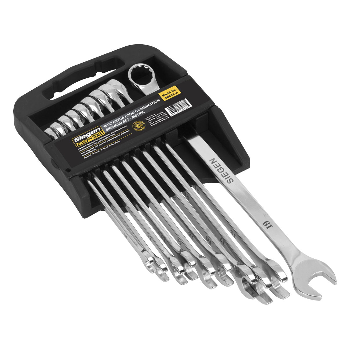 The Sealey Combination Spanner Set 10pc Extra-Long Metric - S0832 features Chrome Vanadium spanners in a black plastic holder. These wrenches vary in size, are neatly arranged, and boast corrosion resistance. The holder includes a label with the Sealey brand and size details.