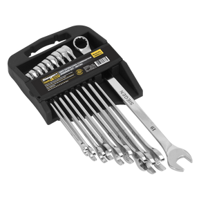 The Sealey Combination Spanner Set 10pc Extra-Long Metric - S0832 features Chrome Vanadium spanners in a black plastic holder. These wrenches vary in size, are neatly arranged, and boast corrosion resistance. The holder includes a label with the Sealey brand and size details.