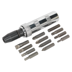 The Sealey Impact Driver Set 15pc - S0844 includes a metal hand tool with a knurled handle and is accompanied by ten interchangeable Chrome Vanadium steel bits of various shapes and sizes, laid out in two rows.