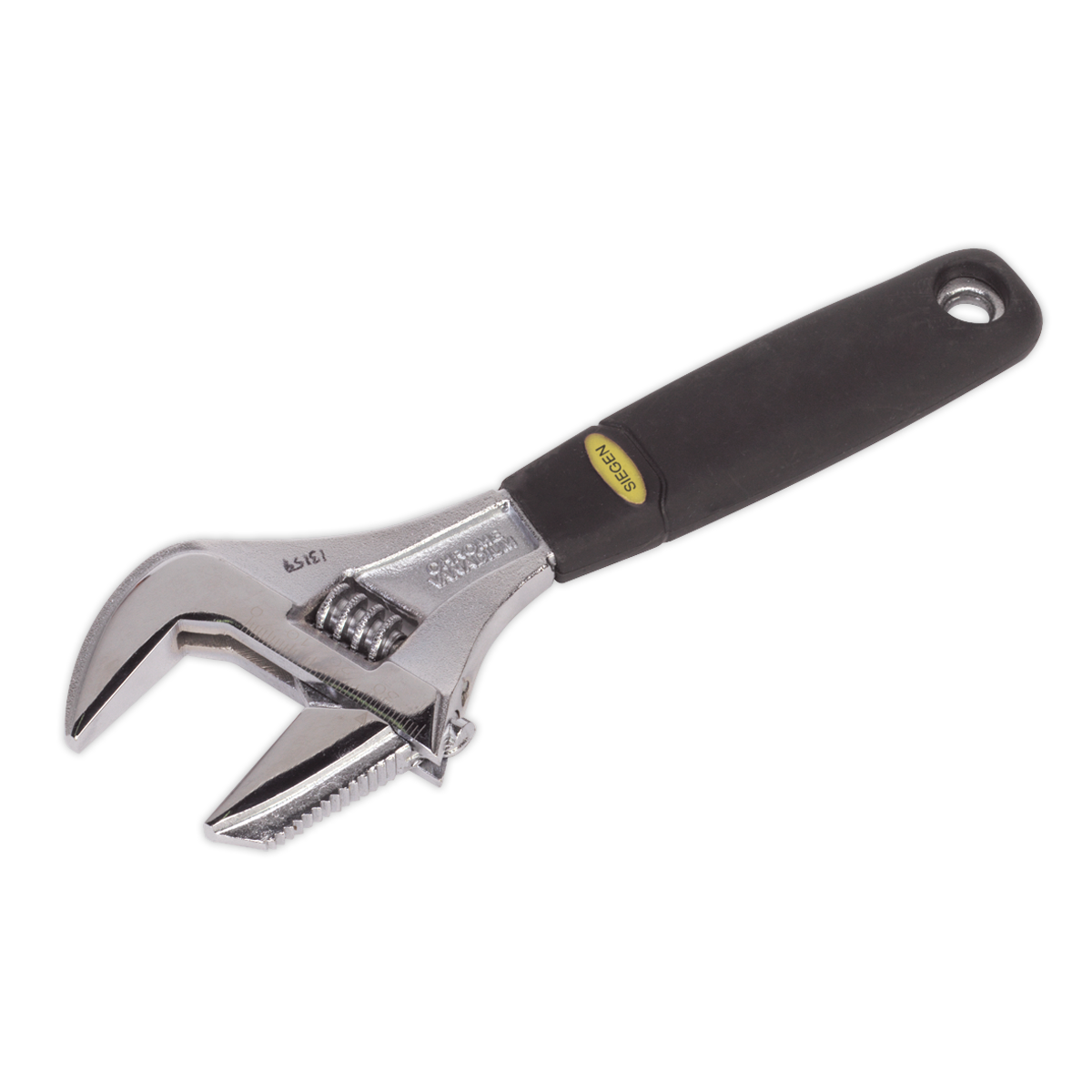 The Sealey Adjustable Wrench with Extra-Wide Jaw Capacity 200mm - S0854 features a black handle and a silver metallic head, with a movable jaw for width adjustments, and is made from drop-forged Chrome Vanadium for enhanced durability.