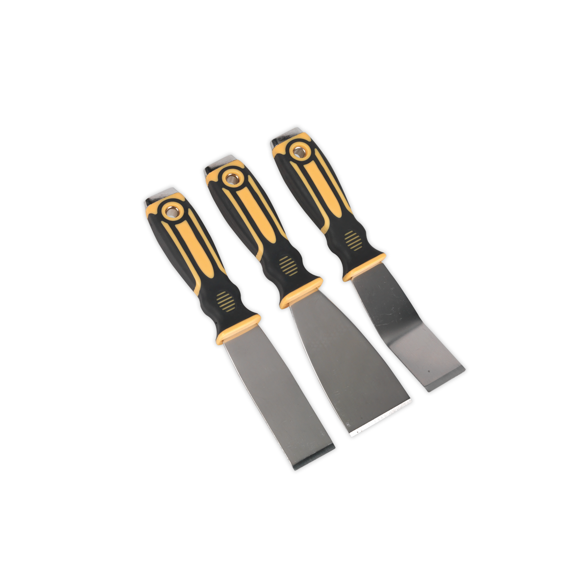 Three black and yellow putty knives of varying widths from the Sealey Scraper Set with Hammer Cap 3pc (S0856), each featuring soft grip handles, are arranged side by side with their blades facing downward.