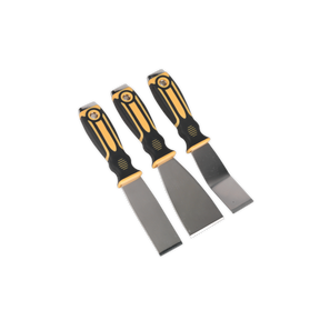 Three black and yellow putty knives of varying widths from the Sealey Scraper Set with Hammer Cap 3pc (S0856), each featuring soft grip handles, are arranged side by side with their blades facing downward.