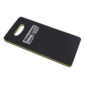 Introducing the Mechanic's Kneeling Mat EVA 22mm - S08563 by Sealey: a black and yellow mat with a convenient handle cutout, ideal for roadside repairs. It proudly features the "Siegen Tools by Sealey" logo and boasts oil and water resistance.