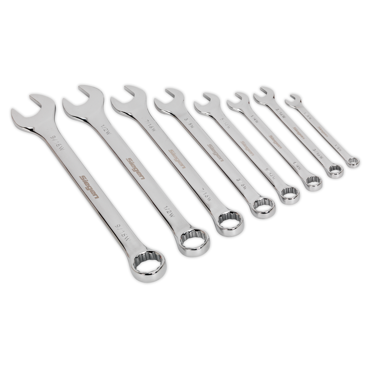 A set of eight polished Sealey Chrome Vanadium steel spanners, arranged in ascending order of size from left to right. This set is the Combination Spanner Set 8pc Whitworth - S0870.