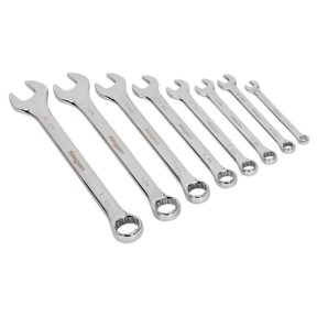 A set of eight polished Sealey Chrome Vanadium steel spanners, arranged in ascending order of size from left to right. This set is the Combination Spanner Set 8pc Whitworth - S0870.