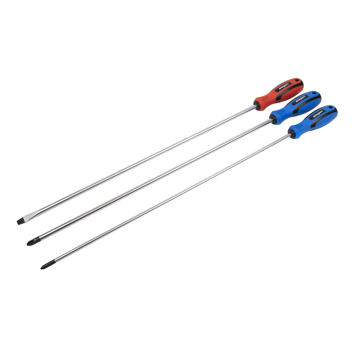 The Sealey Screwdriver Set 3pc Extra-Long - S0895 includes three long screwdrivers with different tips—flathead, Phillips, and star. Each screwdriver is made from hardened and tempered Chrome Vanadium steel and features soft grip handles in red and blue.