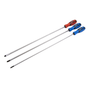 The Sealey Screwdriver Set 3pc Extra-Long - S0895 includes three long screwdrivers with different tips—flathead, Phillips, and star. Each screwdriver is made from hardened and tempered Chrome Vanadium steel and features soft grip handles in red and blue.