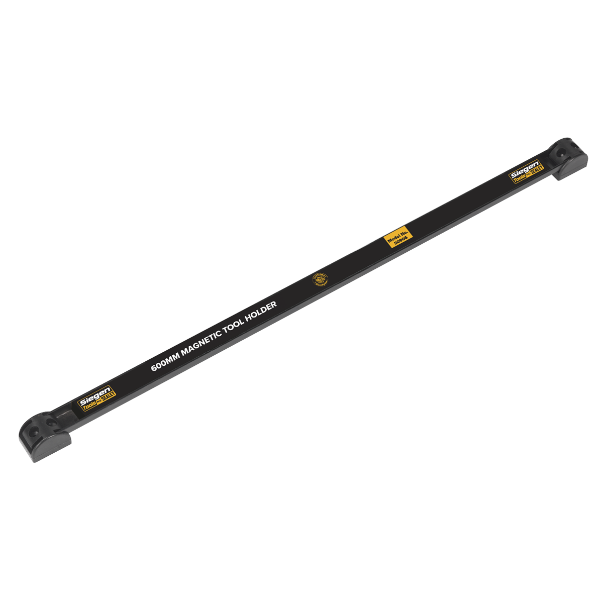 The Sealey Tool Holder Magnetic 600mm - S0906, designed for wall installation, features two mounting points to securely handle metal tools.