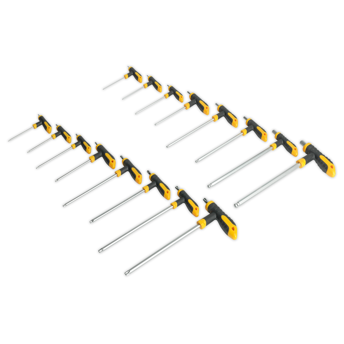 A set of sixteen Siegen by Sealey T-Handle TRX-Star* and Hex Keys, arranged in descending order of size.