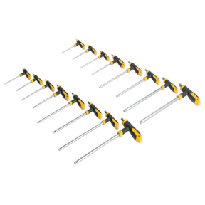 A set of sixteen Siegen by Sealey T-Handle TRX-Star* and Hex Keys, arranged in descending order of size.