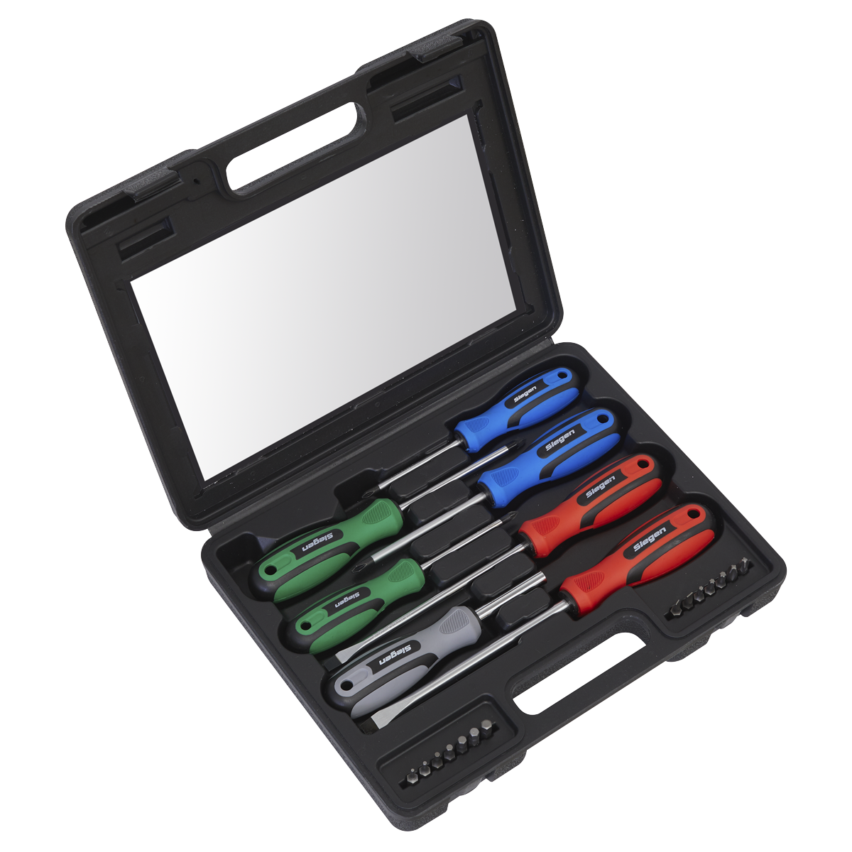 The Sealey Screwdriver Set 21pc with Storage Case - S0923 includes a black plastic carrying case that holds five screwdrivers featuring differently colored handles, each labeled for easy identification, along with multiple Chrome Vanadium steel screwdriver bits neatly arranged in two rows at the bottom.